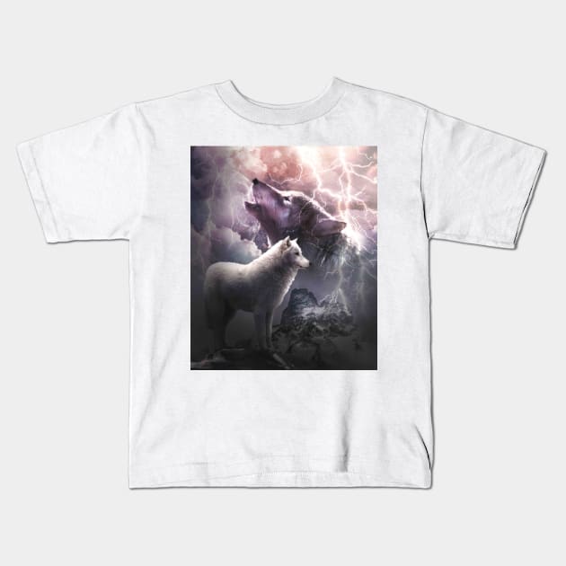 Lightning Wolf Howling At The Moon Kids T-Shirt by Random Galaxy